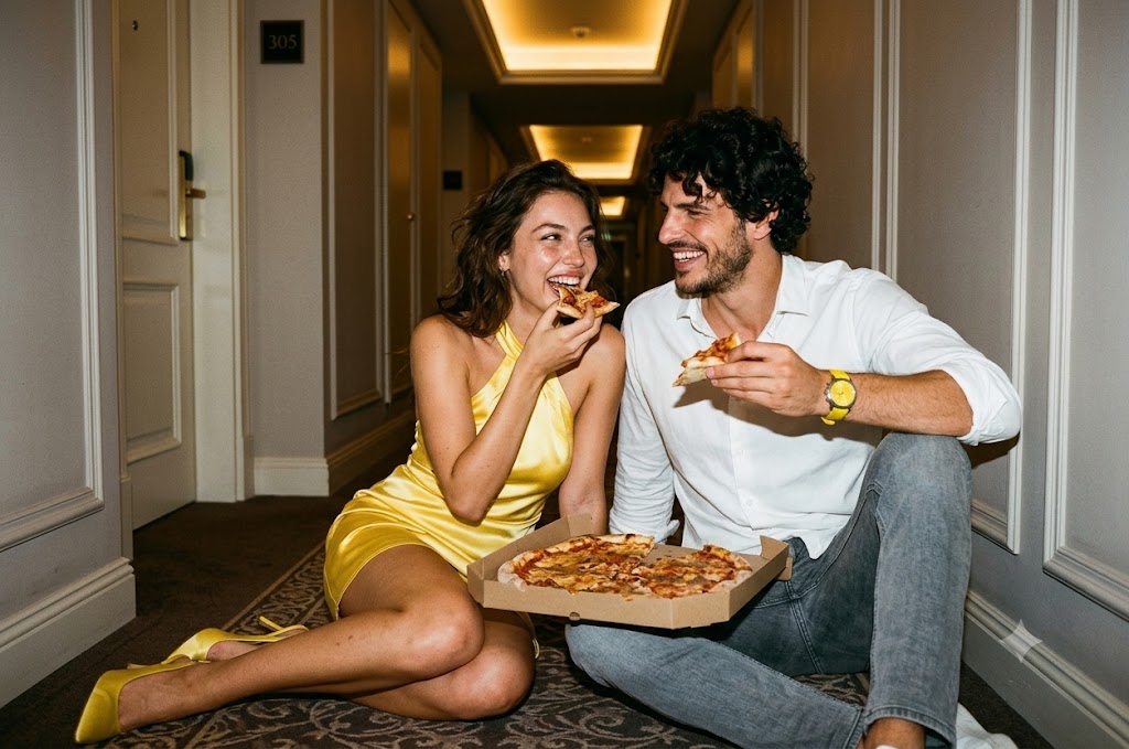 Romantic Late-Night Hotel Corridor Pizza Date