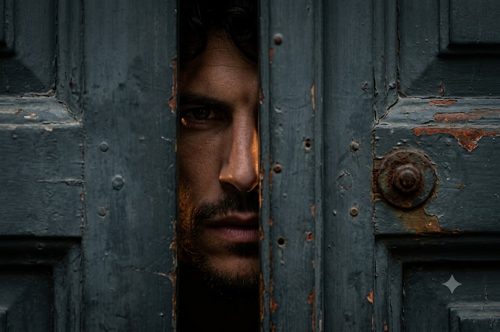 Title: Razor-Thin Door Gap Thriller Portrait