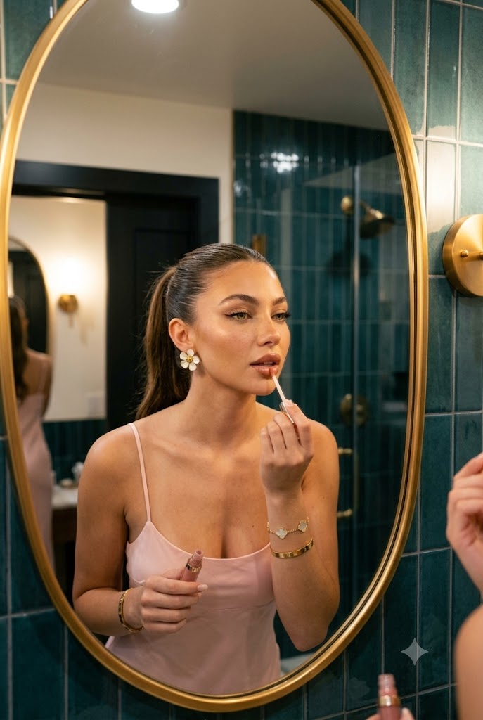 Glamorous Lip Gloss Moment in an Elegant Teal Bathroom