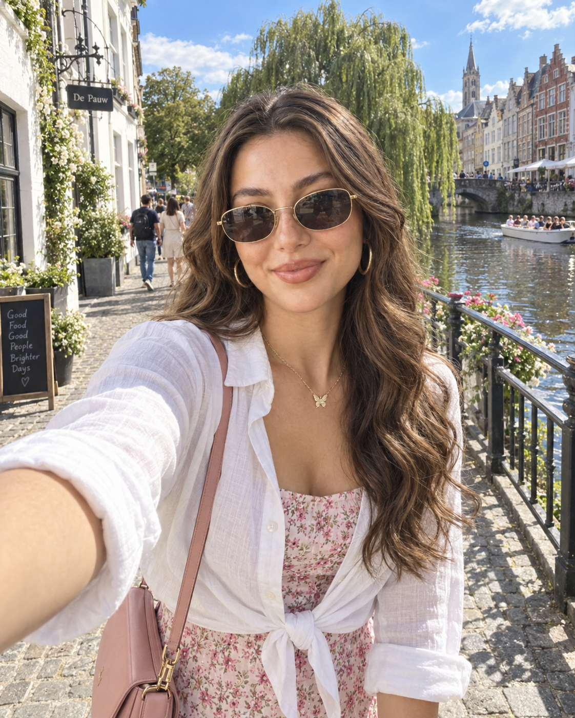 Ultra-Realistic Riverside Travel Selfie in European Sunlight