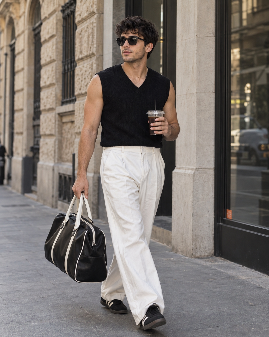 Parisian Street Fashion Walk with Iced Coffee and Duffel Bag