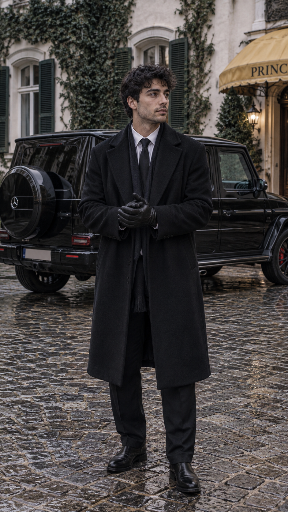 Dark Academia Street Fashion Portrait With G-Wagon Courtyard