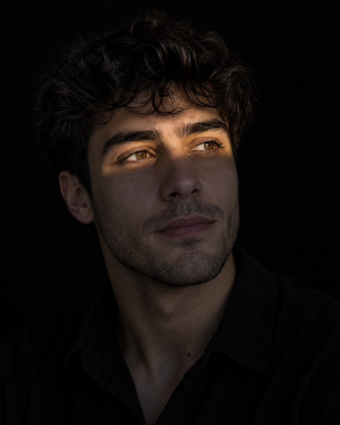 ultra-realistic low-key side-profile portrait with narrow golden eye light