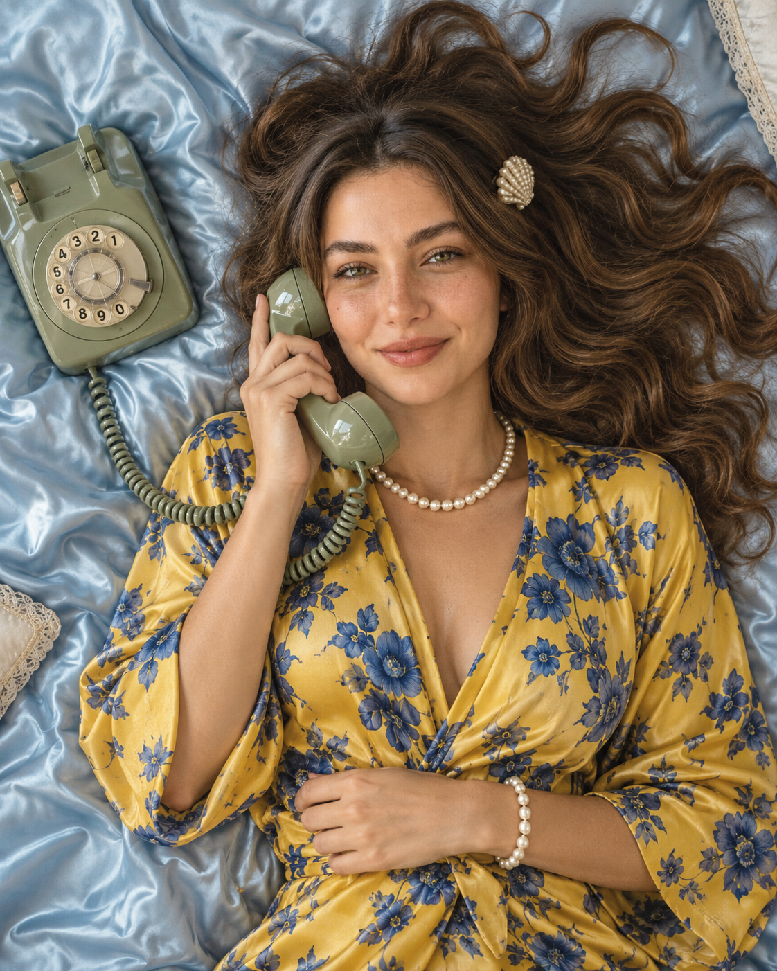 retro-glam overhead boudoir portrait with rotary phone