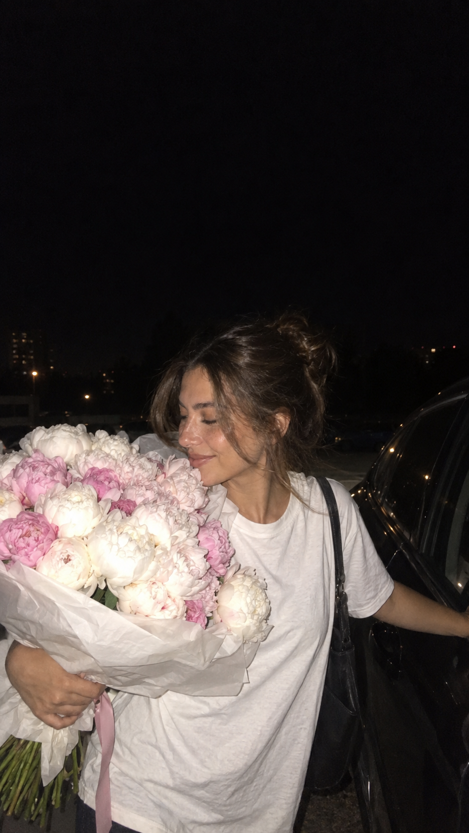 Nighttime Carside Peony Bouquet Candid With Direct Flash