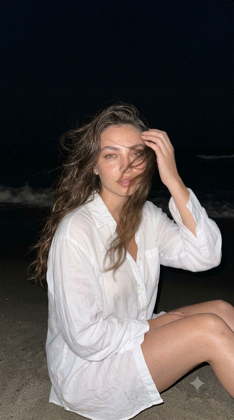 Candid Flashlit Night Beach Smartphone Portrait