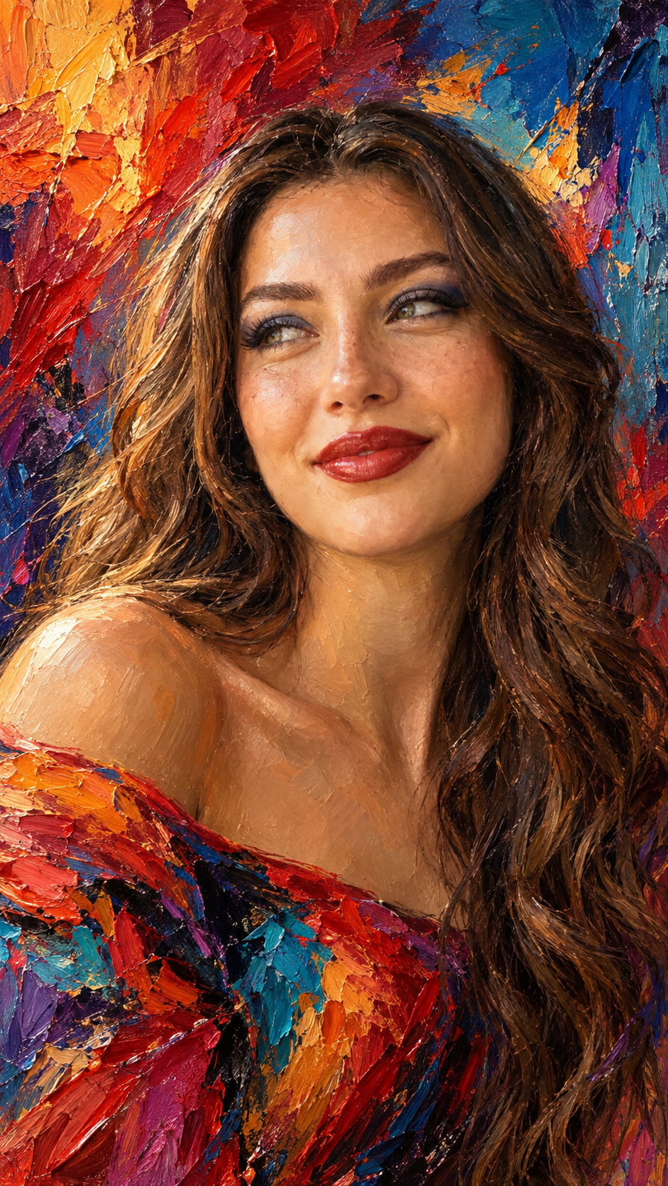luxurious cinematic oil portrait with electric blue gaze