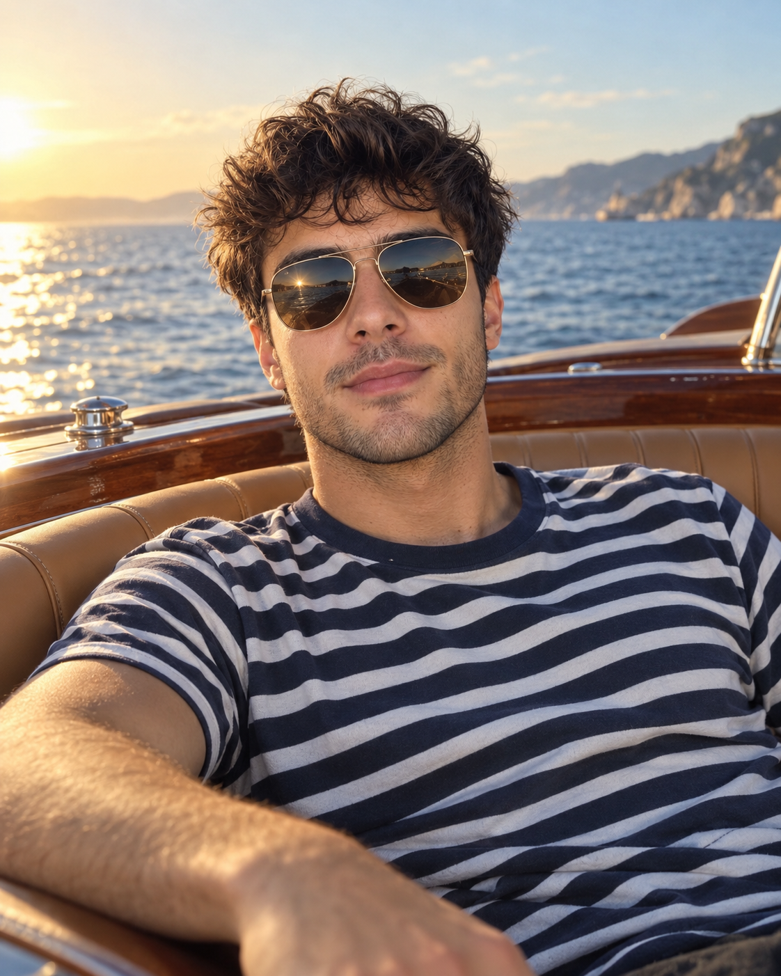 Golden-Hour Luxury Boat Back-Seat Portrait