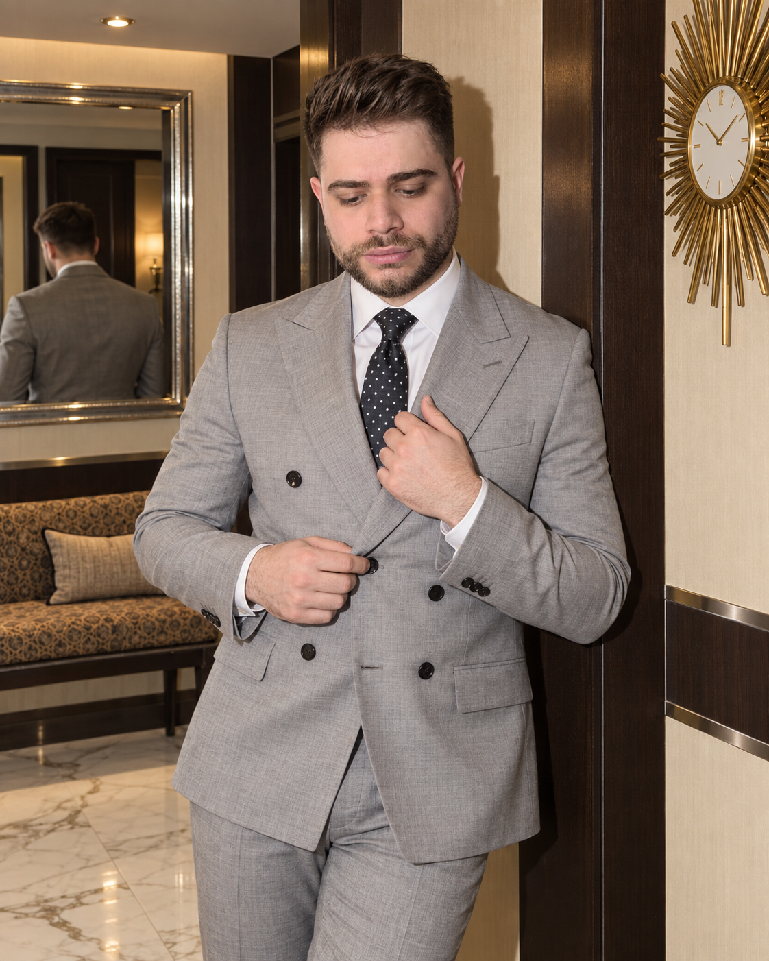 Modern GQ Menswear Editorial Portrait in Espresso Interior